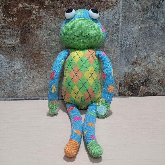 SCM Designs Knit Sock Frog Yellow Blue Stuffed Animal Plush Polka Dots 2011 - Picture 8 of 12